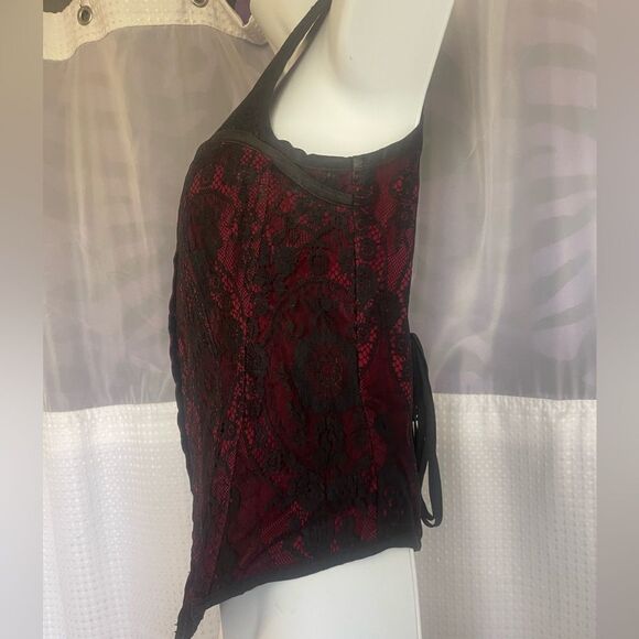 Lip Service Black and Red Lace Corset Tank Hook and Eye closure Lace Up Back - Picture 7 of 9